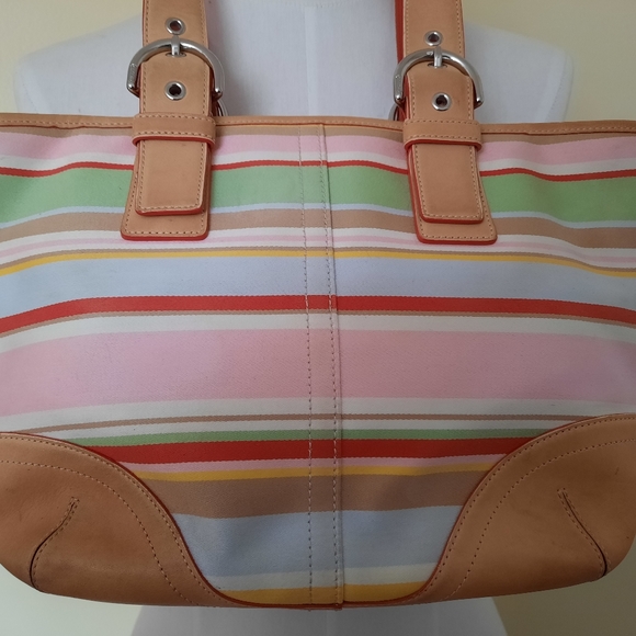 💕💚COACH Hampton Stripe Pastel Fabric and Leather Shoulder Bag 💕💚 - Picture 5 of 12